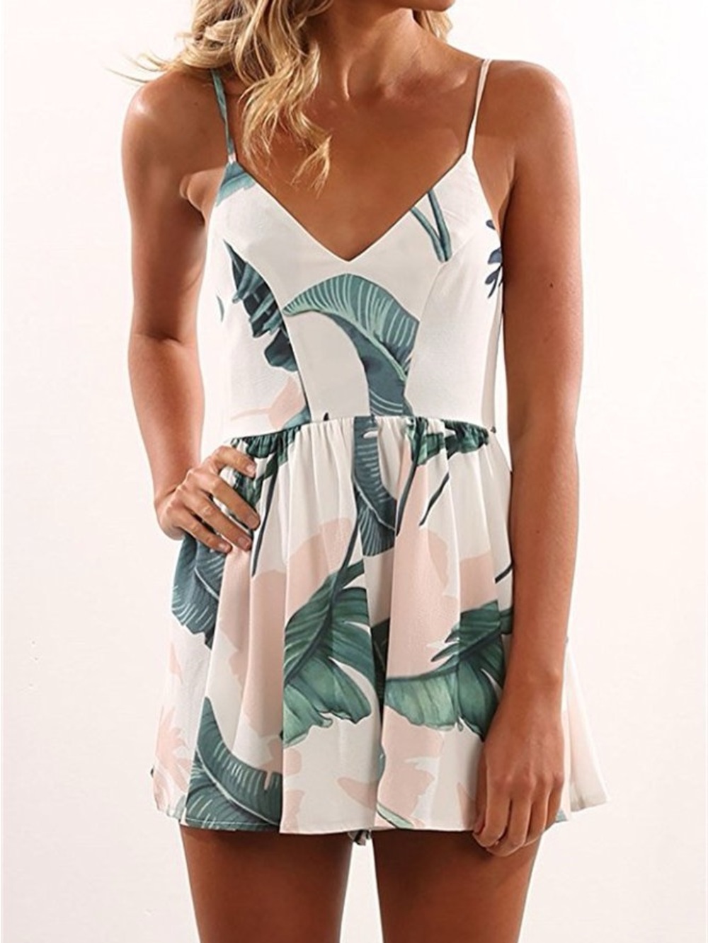 White Tropical Leaf Print Spaghetti Strap Romper
